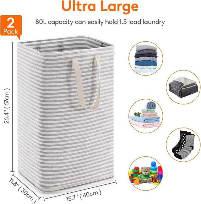 Alt view image 2 of 7 - 2 Pack Laundry Basket 80L Each, Collapsible Clothes Hamper with Reinforced Handles, Freestanding Waterproof Design for Bedroom and Laundry Room, Grey 160L Total