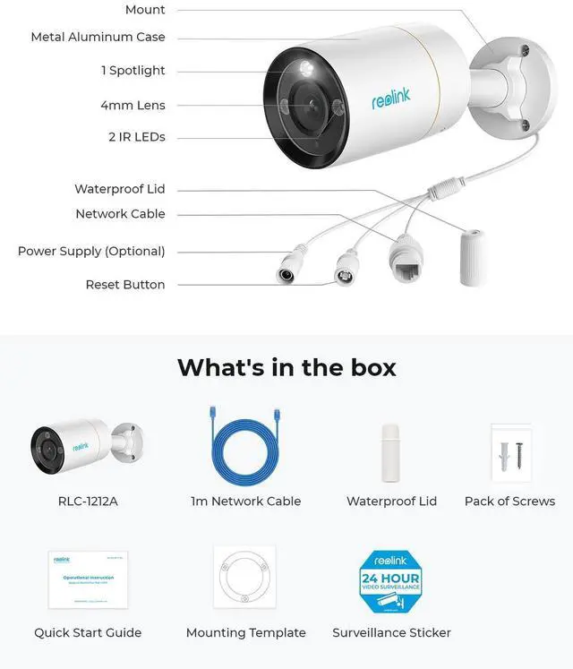 Alt view image 14 of 14 - Reolink 12MP Ultra HD PoE Outdoor Security Camera, Color Night Vision, Human/Vehicle Detection, Two Way Talk, Timelapse, Work with Smart Home Support Micro SD Card(Max.256G)/NVR/FTP - RLC-1212A