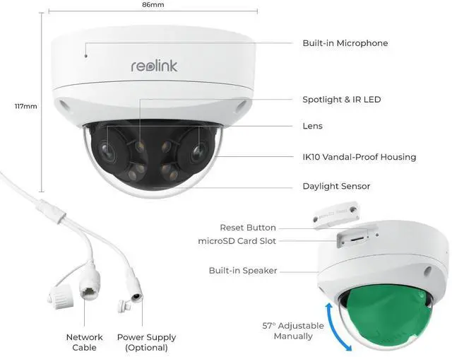 Alt view image 14 of 14 - Reolink 4K 8MP UHD IK10 Vandal-Proof PoE IP Camera with 180° Panoramic View