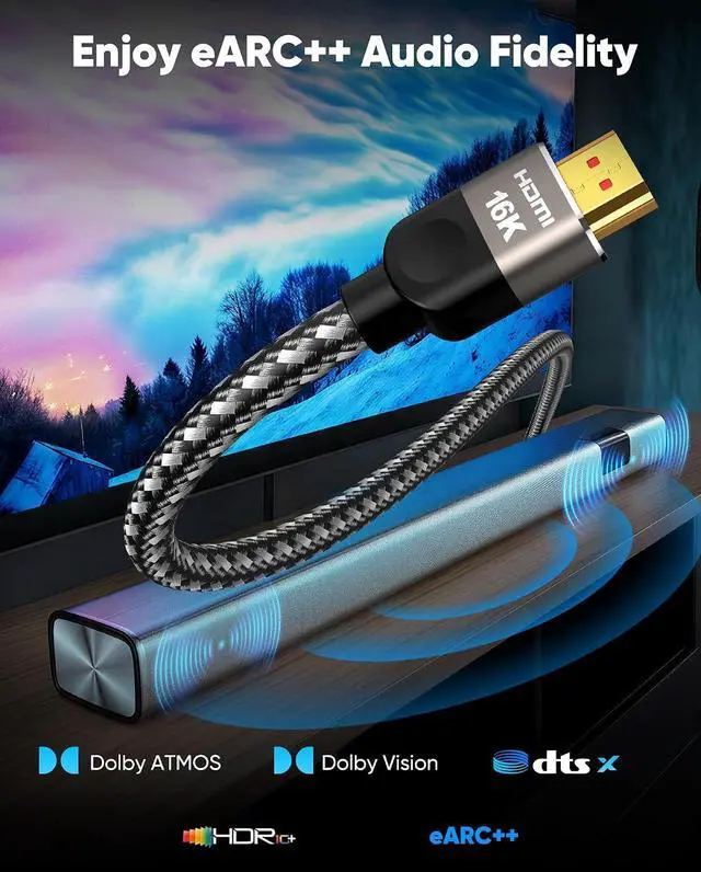 Alt view image 3 of 7 - 16K 8K HDMI Cable 2.2 6.6FT, Next-Gen 96Gbps Ultra High Speed