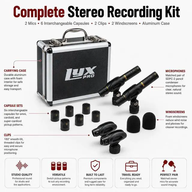 Alt view image 2 of 7 - SDPC-2 Stereo Pair Small Diaphragm Condenser Microphones, XLR Pencil Mic Set with Omni, Cardioid & Super Cardioid Capsules for Acoustic Guitar, Drums, Piano & Studio Recording
