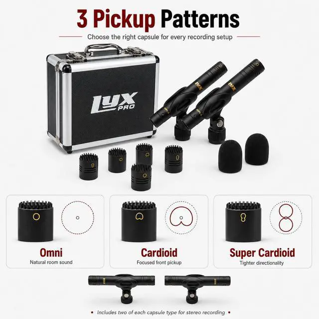 Alt view image 3 of 7 - SDPC-2 Stereo Pair Small Diaphragm Condenser Microphones, XLR Pencil Mic Set with Omni, Cardioid & Super Cardioid Capsules for Acoustic Guitar, Drums, Piano & Studio Recording