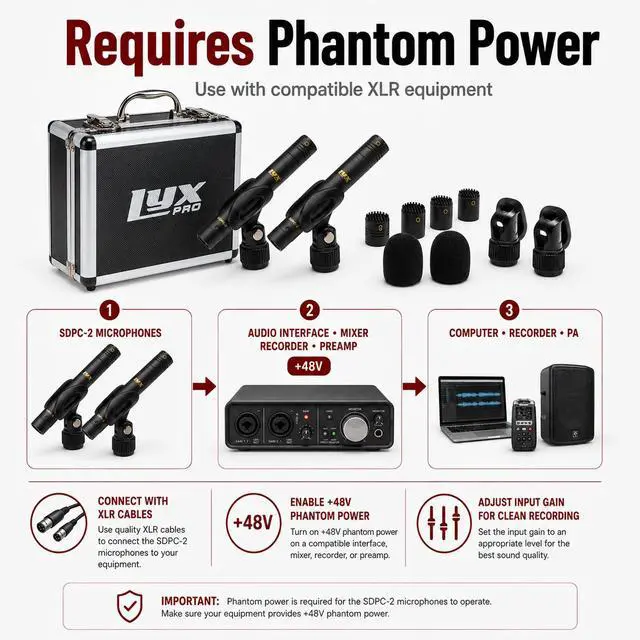 Alt view image 4 of 7 - SDPC-2 Stereo Pair Small Diaphragm Condenser Microphones, XLR Pencil Mic Set with Omni, Cardioid & Super Cardioid Capsules for Acoustic Guitar, Drums, Piano & Studio Recording