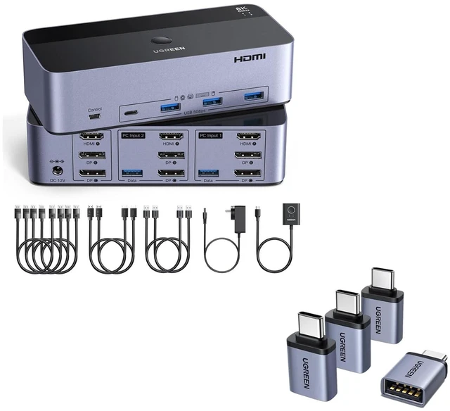Main image of 8K@60Hz HDMI Displayport KVM Switch 3 Monitors 2 Computers, Aluminum 4K@240Hz with 4 USB 3.0 Ports for 2 Computers Share Triple Monitors Bundle with USB C to USB Adapter 4 Pack