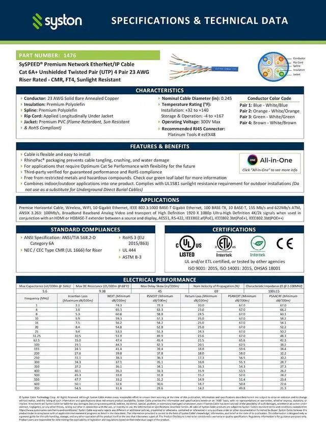 Alt view image 3 of 7 - Syston Cable Technology Cat 6A+ Ethernet Network Cable, 750MHz 23AWG UTP Solid Bare Copper Wire Bulk No Ends, Plenum-Rated Heat UV Resistant RoHS Compliant for PoE Data LAN Cable (100 FT, CMP, Blue)