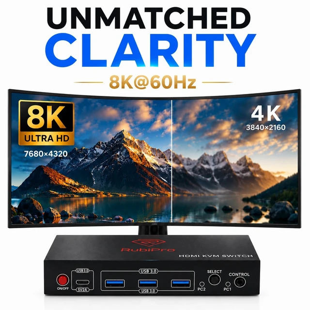 Alt view image 3 of 7 - HDMI KVM Switch for 2 Computers 2 Monitors 8K@60Hz, 4K@120Hz, 4-Port USB 3.0 Hub (5Gbps), Wired Remote, Plug & Play for Windows/Mac/Linux, Braided 8K HDMI Cable Included