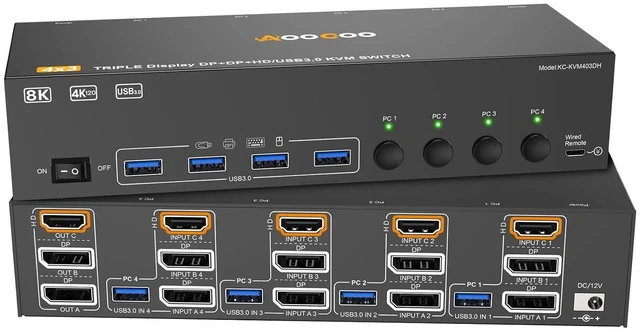 Main image of HDMI Displayport KVM Switch 3 Monitor 4 Computer 8K@60Hz/4K@144Hz KVM Switches with 4 USB 3.0 Port,Wired Remote,Power Adapter and 4 USB3.0 Cables Included