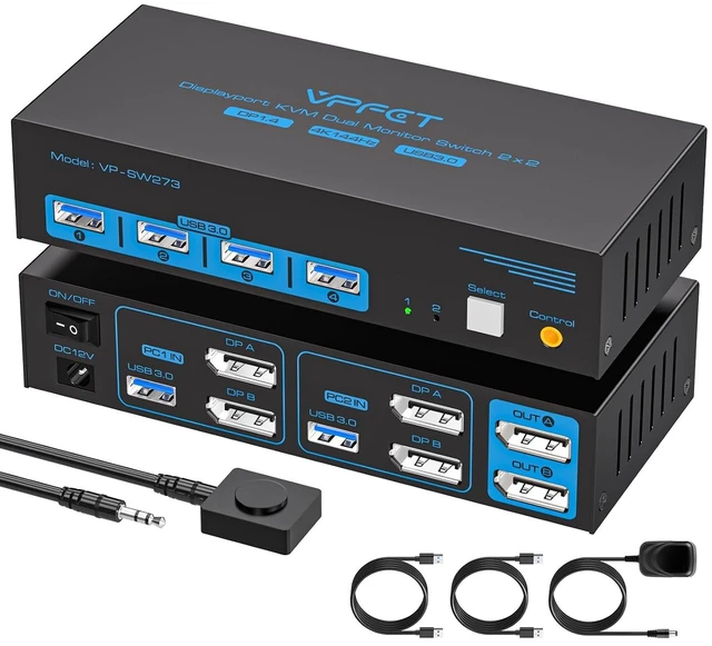 Main image of DisplayPort KVM Switch for 2 Computers 2 Monitors 4K@144Hz, 8K@60Hz, USB 3.0, Share 2 Monitors & 4 USB Devices, Extended/Copy Mode, Desktop Controller Included