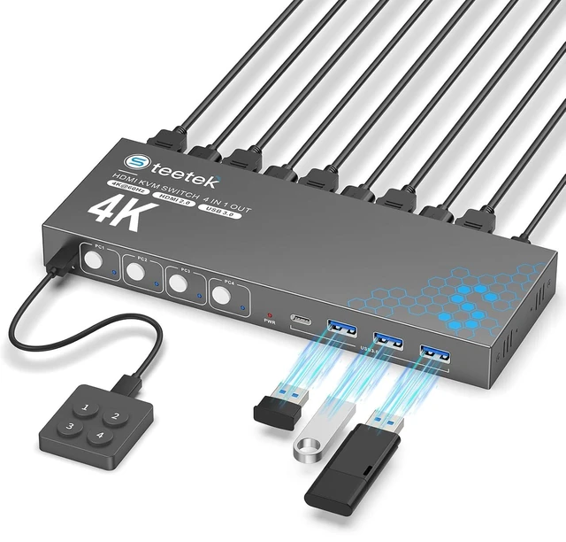 Main image of Hearvo USB 3.0 HDMI KVM Switch for 4 Computers 1 Monitor, 4K@60Hz, S7415H