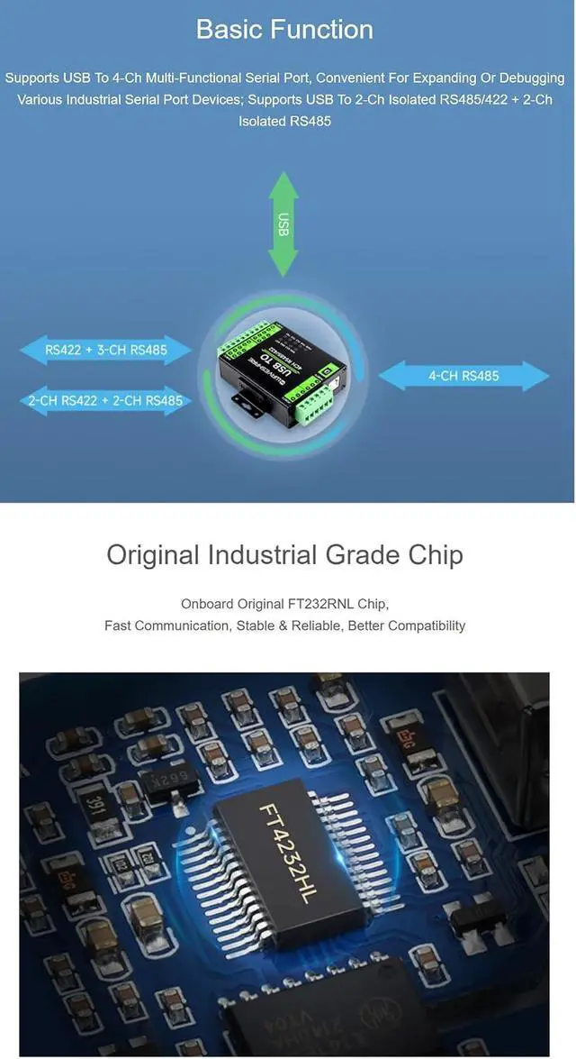 Alt view image 4 of 7 - TUOPUONE Industrial Isolated USB to RS485/422 Converter Original FT4232HL Chip Supports USB to 2-Ch RS485 + 2-Ch RS485/422 Wall-Mount Rail-Mount Support