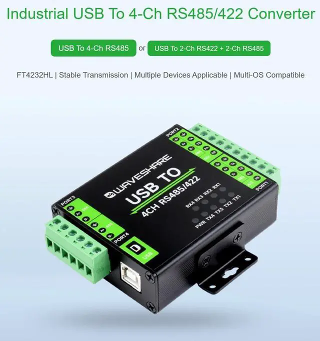 Alt view image 3 of 7 - TUOPUONE Industrial Isolated USB to RS485/422 Converter Original FT4232HL Chip Supports USB to 2-Ch RS485 + 2-Ch RS485/422 Wall-Mount Rail-Mount Support