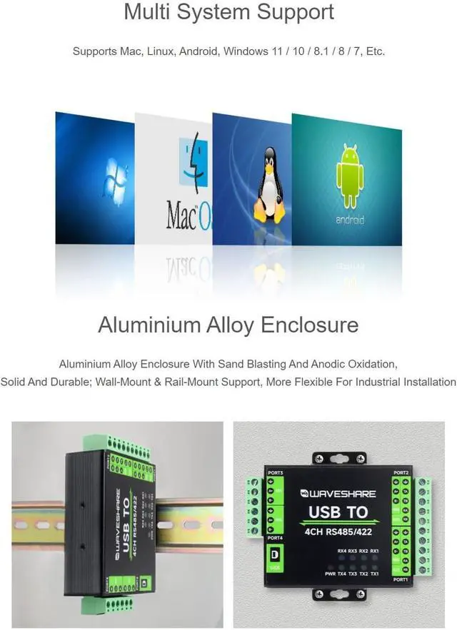 Alt view image 6 of 7 - Industrial Isolated USB to RS485/422 Converter, Original FT4232HL Chip, Supports USB to 2-Ch RS485 + 2-Ch RS485/422, Wall-Mount & Rail-Mount Support (USB to 4CH RS485/422)