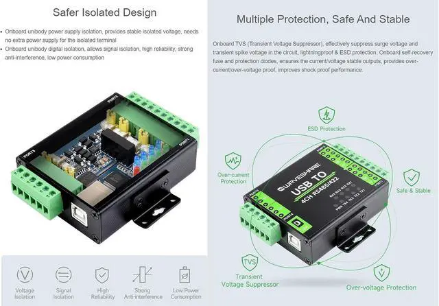 Alt view image 5 of 7 - Industrial Isolated USB to RS485/422 Converter, Original FT4232HL Chip, Supports USB to 2-Ch RS485 + 2-Ch RS485/422, Wall-Mount & Rail-Mount Support (USB to 4CH RS485/422)