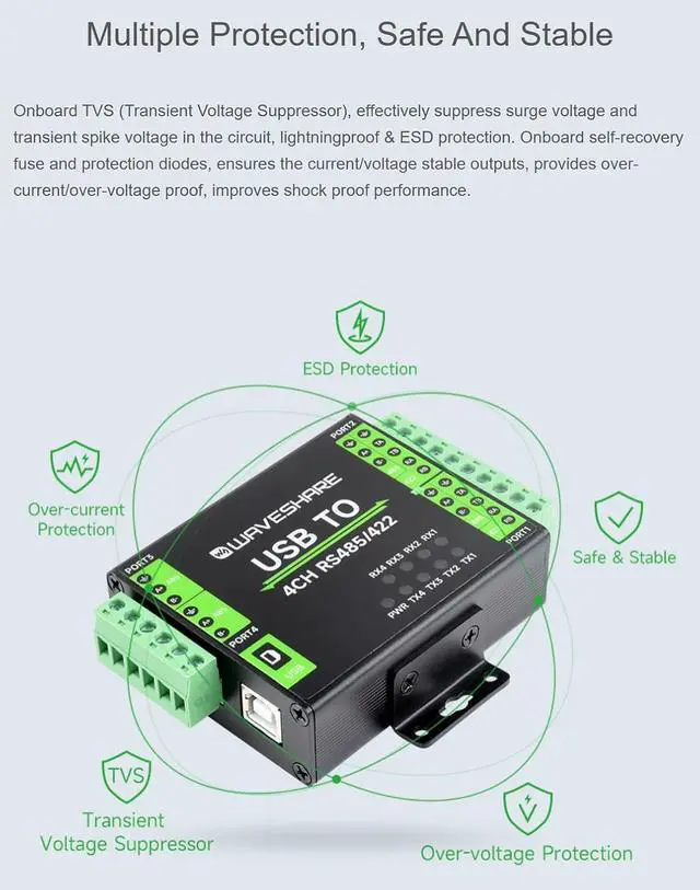 Alt view image 5 of 7 - TUOPUONE Industrial Isolated USB to RS485/422 Converter Original FT4232HL Chip Supports USB to 2-Ch RS485 + 2-Ch RS485/422 Wall-Mount Rail-Mount Support
