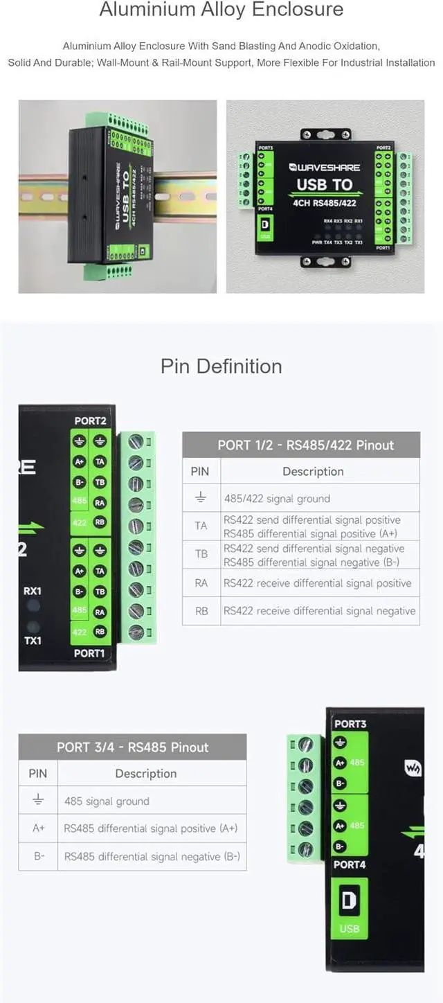 Alt view image 6 of 7 - TUOPUONE Industrial Isolated USB to RS485/422 Converter Original FT4232HL Chip Supports USB to 2-Ch RS485 + 2-Ch RS485/422 Wall-Mount Rail-Mount Support