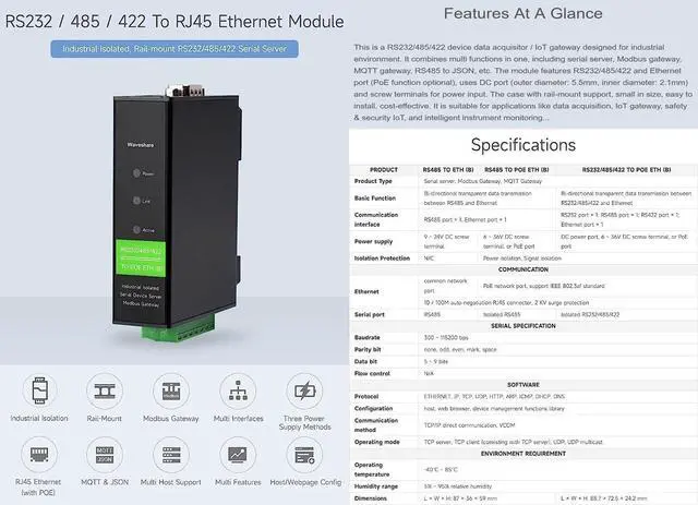 Alt view image 3 of 7 - RS232/485/422 to RJ45 Ethernet Module with POE Function, TCP/IP to Serial, Bi-Directional Transparent Transmission, Suitable for Data Acquisition @XYGStudy (RS232/485/422 to POE ETH (B))