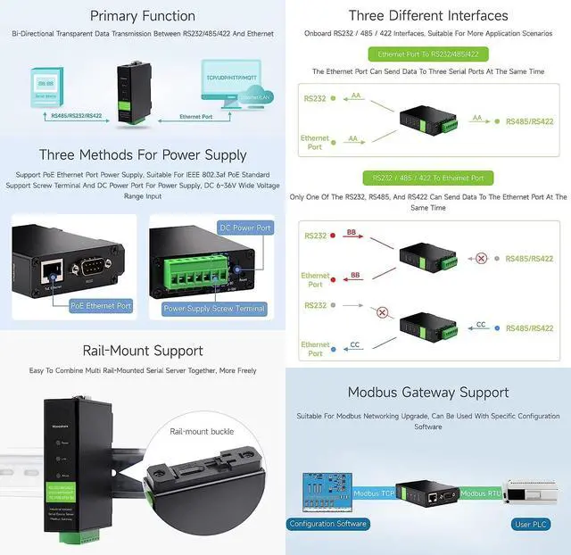 Alt view image 4 of 7 - RS232/485/422 to RJ45 Ethernet Module with POE Function, TCP/IP to Serial, Bi-Directional Transparent Transmission, Suitable for Data Acquisition @XYGStudy (RS232/485/422 to POE ETH (B))