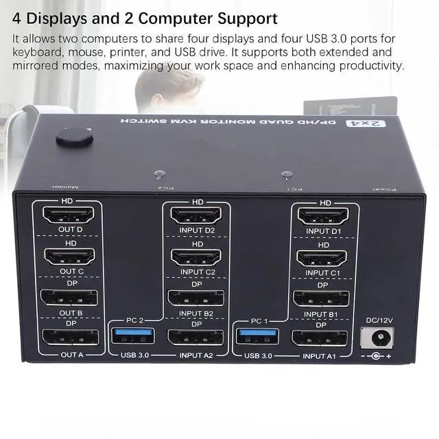 Alt view image 3 of 7 - Yunseity KVM Switch, 4 Displays 2 Computers 1.4 USB 3.0 Switcher Box, with 4K 144Hz 8K 60Hz Support and Ports, for Keyboard Mouse Printer and USB Drive (US Plug)