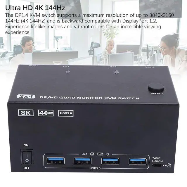 Alt view image 4 of 7 - Yunseity KVM Switch, 4 Displays 2 Computers 1.4 USB 3.0 Switcher Box, with 4K 144Hz 8K 60Hz Support and Ports, for Keyboard Mouse Printer and USB Drive (US Plug)