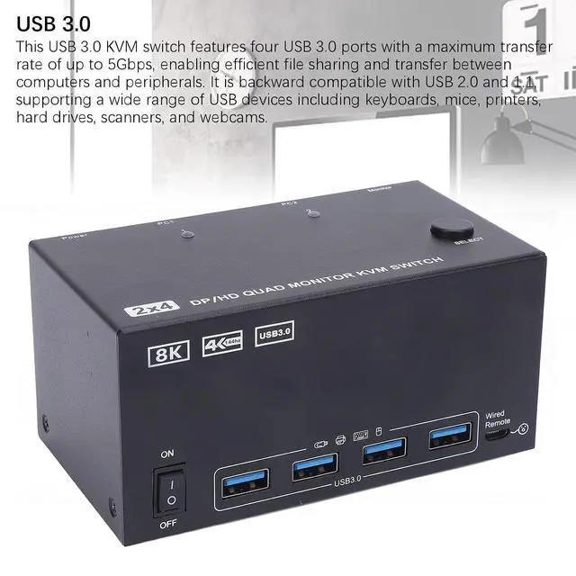 Alt view image 2 of 7 - Yunseity KVM Switch, 4 Displays 2 Computers 1.4 USB 3.0 Switcher Box, with 4K 144Hz 8K 60Hz Support and Ports, for Keyboard Mouse Printer and USB Drive (US Plug)