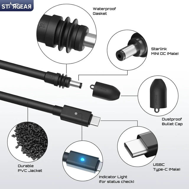 Alt view image 4 of 7 - Starlink Mini Cable 6.5FT, 16AWG Starlink Cable with Indicator Light 140W USB C to DC, Starlink Mini Clamp Mount with Protective Silicone Case, 2 in 1 Satellite Dish Mounting Kit & Cover