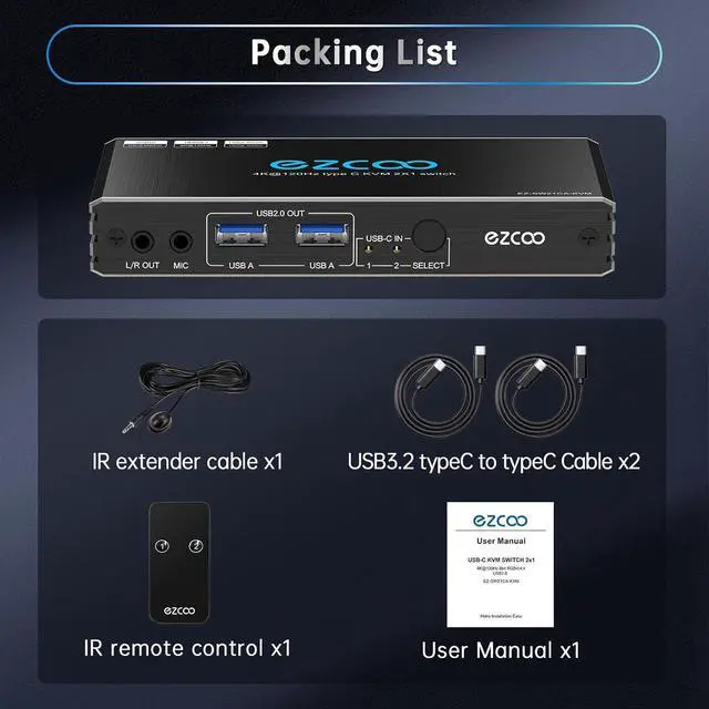 Alt view image 7 of 7 - HDMI2.1 KVM Switch 4K@120Hz USB-C for 2 Laptops with 2 USB 2.0 Ports L/R MIC Out Share 1 Monitors Keyboard Mouse Hard Drive Printer