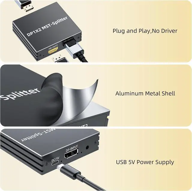 Alt view image 5 of 7 - DisplayPort to Dual HDMI Adapter 4K@60Hz 1 in 2 out MST Hub Display port to HDMI Monitor Splitter for Dual Monitor Extend Mirror Display, with Audio Out, for PC NVIDIA AMD Graphics Card - w/Power