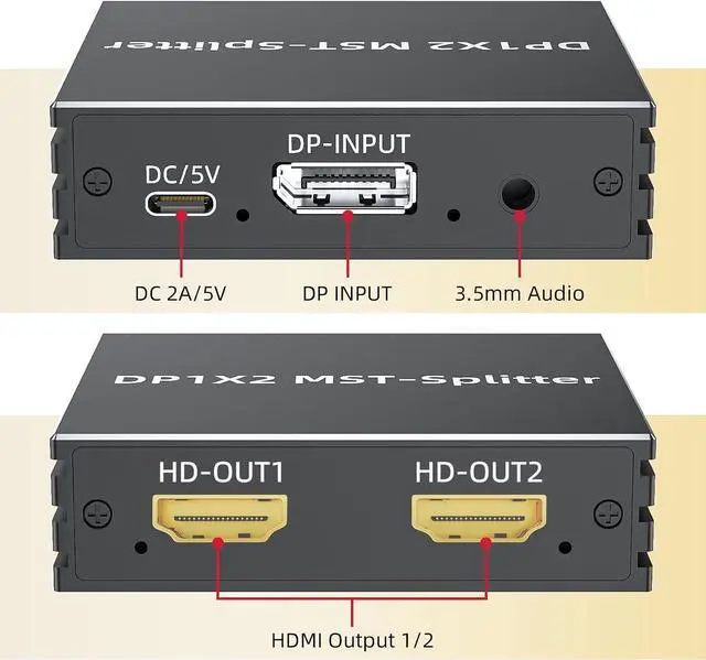 Alt view image 6 of 7 - DisplayPort to Dual HDMI Adapter 4K@60Hz 1 in 2 out MST Hub Display port to HDMI Monitor Splitter for Dual Monitor Extend Mirror Display, with Audio Out, for PC NVIDIA AMD Graphics Card - w/Power