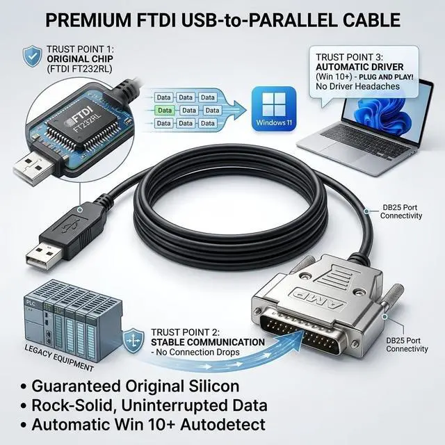 Alt view image 2 of 5 - Industrial-Grade USB to DB25 Male Cable for FANUC CNC Machines, 1.8m RS232 Serial Communication Cable