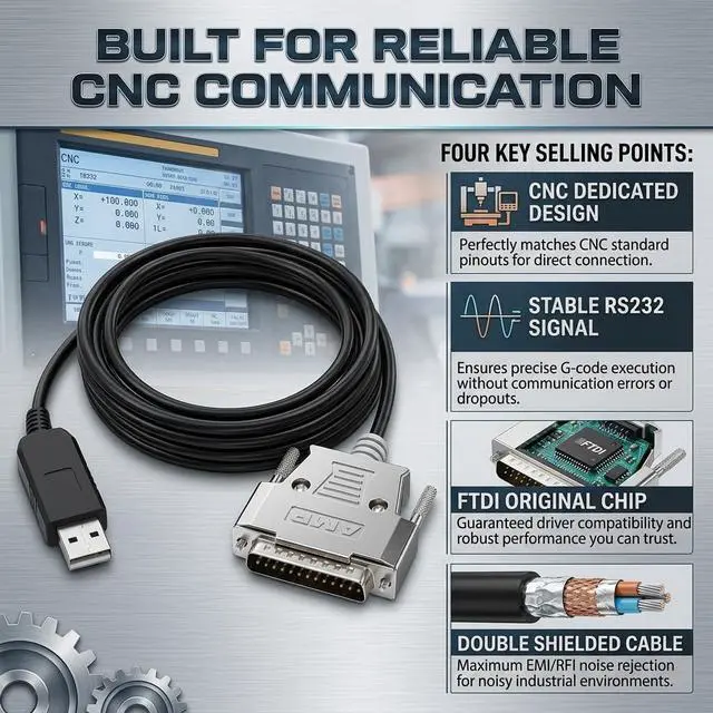 Alt view image 5 of 5 - Industrial-Grade USB to DB25 Male Cable for FANUC CNC Machines, 1.8m RS232 Serial Communication Cable