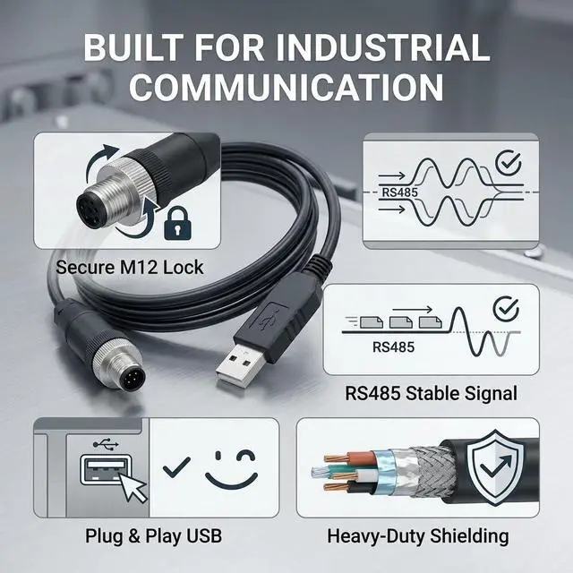 Alt view image 3 of 6 - USB to M12 5-Pin Male RS485 Cable, 1.8m Industrial Serial Communication for PLC Sensors & PC Data Acquisition