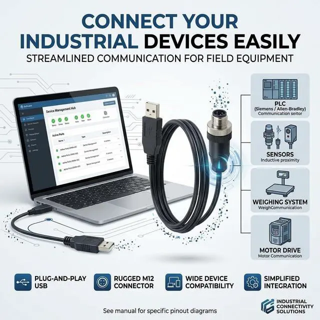 Alt view image 6 of 6 - USB to M12 5-Pin Male RS485 Cable, 1.8m Industrial Serial Communication for PLC Sensors & PC Data Acquisition