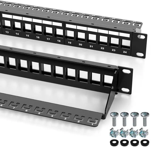 Main image of Cyberguys! CAT6 1U 24-Port Keystone Patch Panel, Rackmount or Wall Mount Network Panel w/Cable Management Bar, All-in-One Ethernet & Multimedia Keystone Jack Solution, Durable Construction