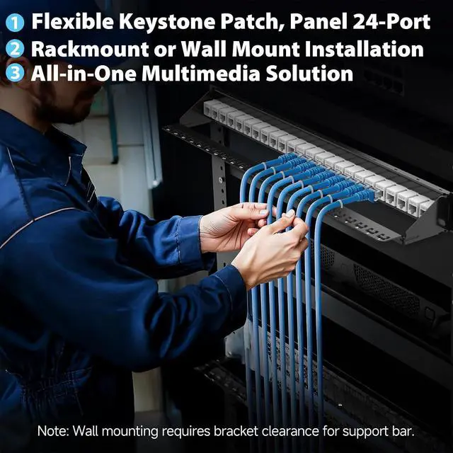 Alt view image 2 of 7 - Cyberguys! CAT6 1U 24-Port Keystone Patch Panel, Rackmount or Wall Mount Network Panel w/Cable Management Bar, All-in-One Ethernet & Multimedia Keystone Jack Solution, Durable Construction
