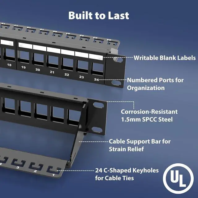 Alt view image 7 of 7 - Cyberguys! CAT6 1U 24-Port Keystone Patch Panel, Rackmount or Wall Mount Network Panel w/Cable Management Bar, All-in-One Ethernet & Multimedia Keystone Jack Solution, Durable Construction
