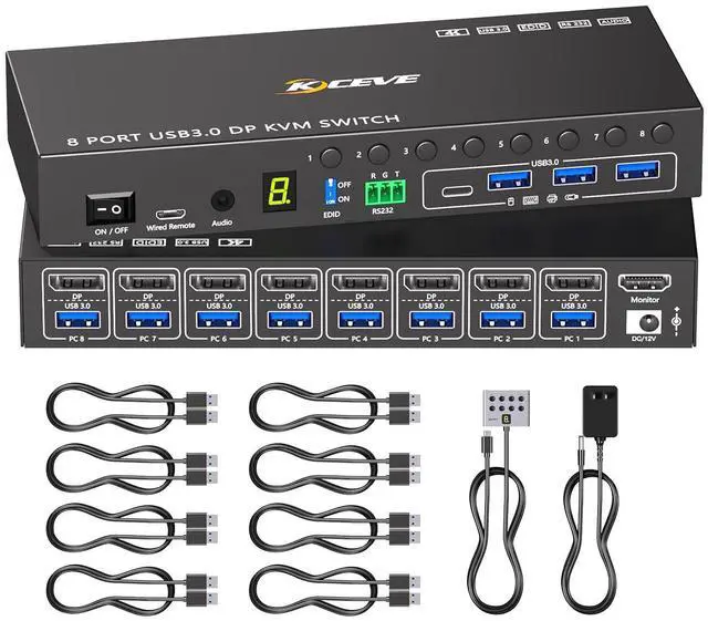 Main image of 8 Port KVM Switch Displayport 4K@60Hz EDID Simulation, USB 3.0 DP KVM Switch for 8 Computers Share 1 Monitor and 4 USB Devices, KVM Switches with Audio RS232 Wired Remote 12V Power and 8 USB Cable