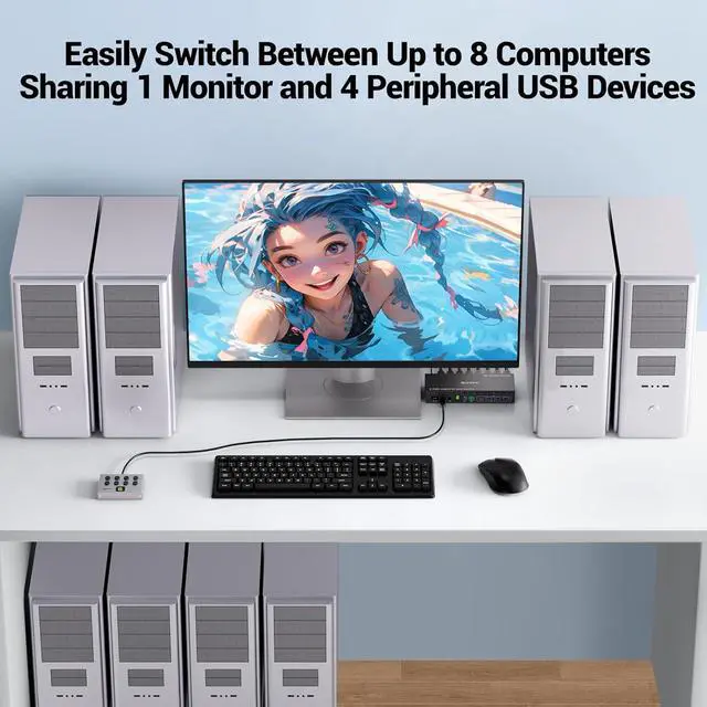 Alt view image 2 of 7 - 8 Port KVM Switch Displayport 4K@60Hz EDID Simulation, USB 3.0 DP KVM Switch for 8 Computers Share 1 Monitor and 4 USB Devices, KVM Switches with Audio RS232 Wired Remote 12V Power and 8 USB Cable