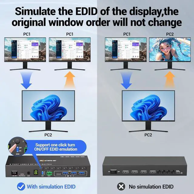 Alt view image 3 of 7 - 8 Port KVM Switch Displayport 4K@60Hz EDID Simulation, USB 3.0 DP KVM Switch for 8 Computers Share 1 Monitor and 4 USB Devices, KVM Switches with Audio RS232 Wired Remote 12V Power and 8 USB Cable