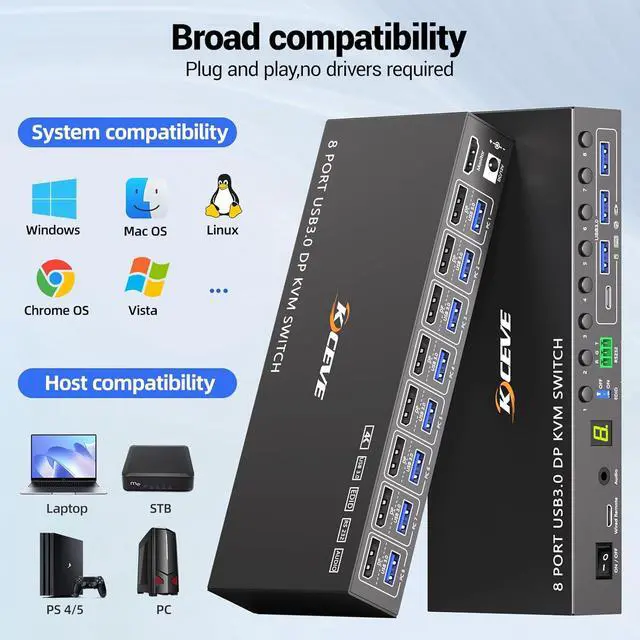 Alt view image 4 of 7 - 8 Port KVM Switch Displayport 4K@60Hz EDID Simulation, USB 3.0 DP KVM Switch for 8 Computers Share 1 Monitor and 4 USB Devices, KVM Switches with Audio RS232 Wired Remote 12V Power and 8 USB Cable