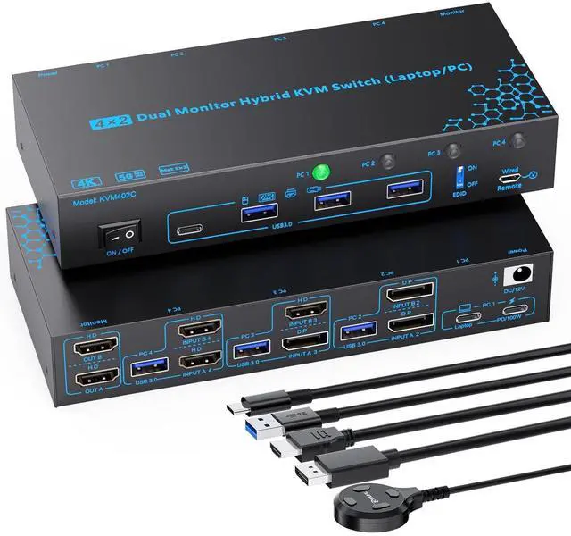 Main image of 2 Monitors 4 Computers KVM Switch Laptop and Desktop 4 Port Hybrid USB-C Docking & Dual Displayport & DP HDMI & Dual HDMI 4K@60Hz KVM Switch with EDID Emulator, Support PD 100W Charging