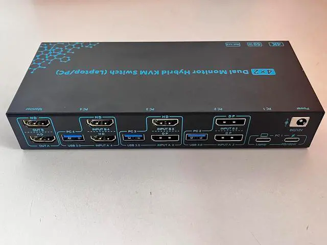 Alt view image 2 of 7 - 2 Monitors 4 Computers KVM Switch Laptop and Desktop 4 Port Hybrid USB-C Docking & Dual Displayport & DP HDMI & Dual HDMI 4K@60Hz KVM Switch with EDID Emulator, Support PD 100W Charging