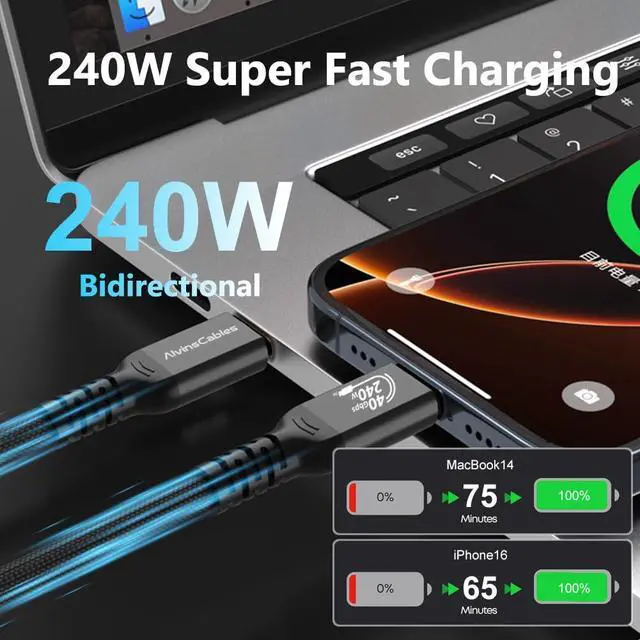 Alt view image 2 of 7 - Alvin's Cables USB4 Cable 6.6ft, USB-C to USB-C Cable 40Gbps Data Transfer 240W PD Fast Charging 8K@60Hz Display, Compatible with Thunderbolt 4/3,USB 3.0, for MacBook,eGPU,Dock, USB-IF Certified