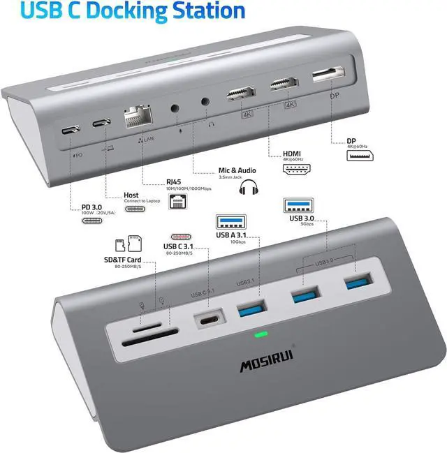 Alt view image 2 of 6 - USB C Laptop Docking Station Dual Monitor, 14 in1 USB Hub Multiport Adapter with Dual 4K HDMI+DP, 10Gbps USB A/C 3.1 and 2 USB 3.0,100W PD, 3.9 ft Cable, Laptop Dock for Dell/HP/Windows/Mac