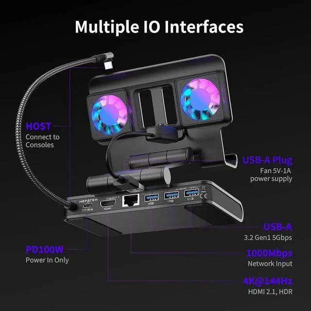 Alt view image 2 of 7 - Adjustable Stand Steam Deck Docking Station with RGB Light Cooling Fan, 4K@60Hz, PD100W, Gigabit Ethernet Fit and HDMI for Steam Deck/ROG Ally X/Legion Go (S)/MSI Claw/Switch