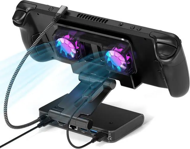 Main image of Adjustable Stand Steam Deck Docking Station with RGB Light Cooling Fan, 4K@60Hz, PD100W, Gigabit Ethernet Fit and HDMI for Steam Deck/ROG Ally X/Legion Go (S)/MSI Claw/Switch