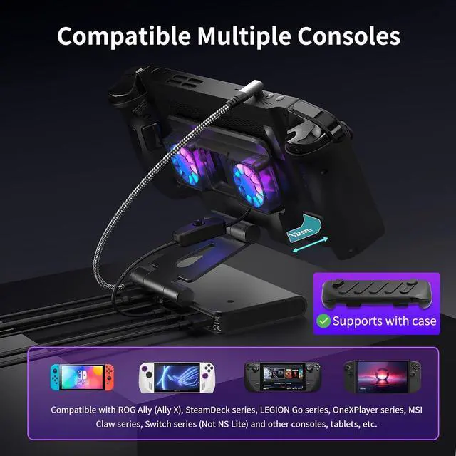 Alt view image 5 of 7 - Adjustable Stand Steam Deck Docking Station with RGB Light Cooling Fan, 4K@60Hz, PD100W, Gigabit Ethernet Fit and HDMI for Steam Deck/ROG Ally X/Legion Go (S)/MSI Claw/Switch