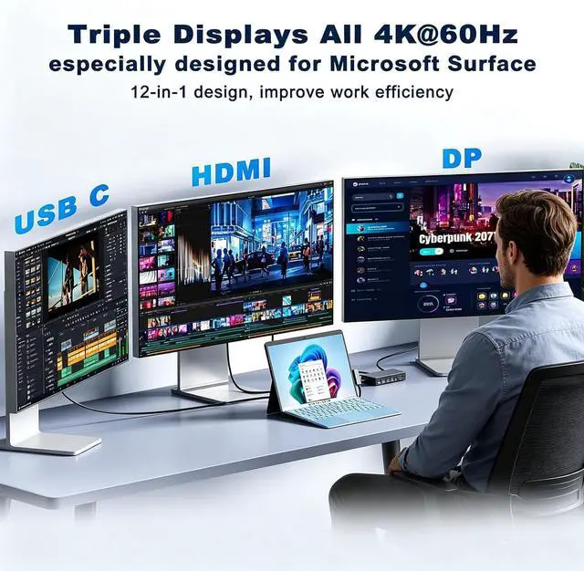 Alt view image 2 of 7 - Surface Docking Station Triple Displays 4K@60Hz Surface Dock 2 with 120W Adapter Travel Hub for Surface Pro 12/11/10/9/8/X/7+/7, Surface Laptop 7/6/5/4/3,Surface Go/Laptop Go 4/3/2/1,Book
