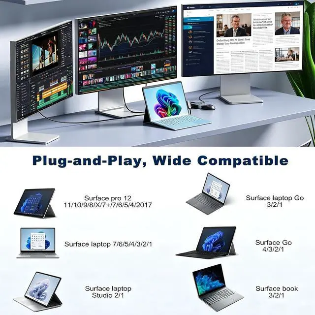 Alt view image 4 of 7 - Surface Docking Station Triple Displays 4K@60Hz Surface Dock 2 with 120W Adapter Travel Hub for Surface Pro 12/11/10/9/8/X/7+/7, Surface Laptop 7/6/5/4/3,Surface Go/Laptop Go 4/3/2/1,Book