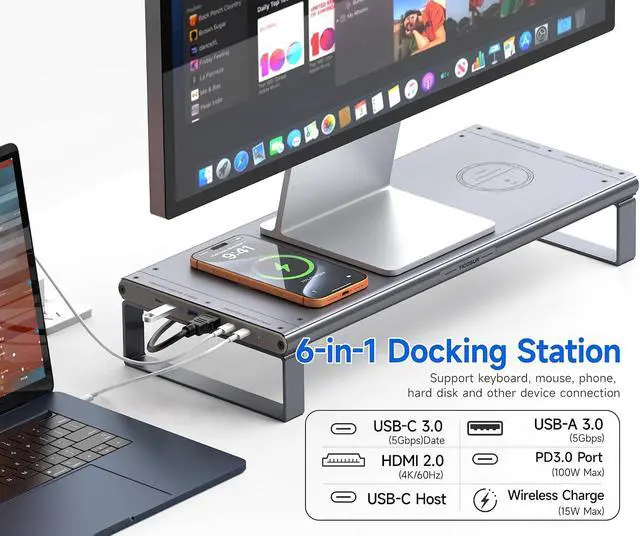 Alt view image 2 of 7 - YICOSUN Monitor Stand HUB - Aluminum Riser with 6-in-1 Docking Station: 4K HDMI, USB-C, USB 3.0, PD 100W, Wireless Charging, Drawer Organizer - Gray