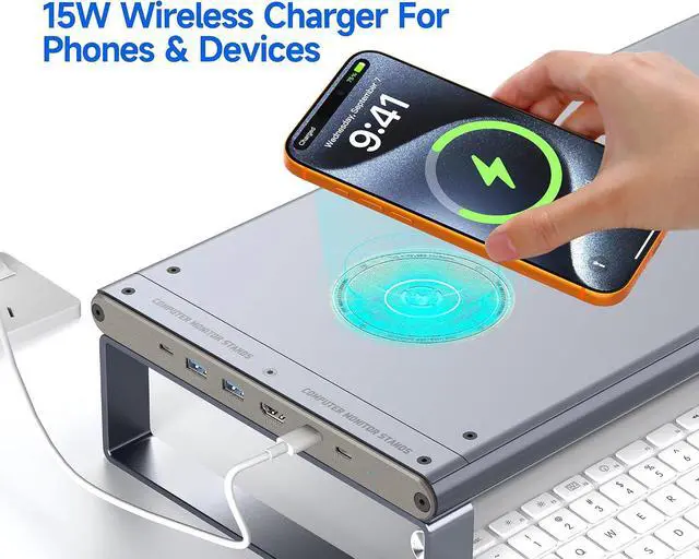Alt view image 3 of 7 - YICOSUN Monitor Stand HUB - Aluminum Riser with 6-in-1 Docking Station: 4K HDMI, USB-C, USB 3.0, PD 100W, Wireless Charging, Drawer Organizer - Gray